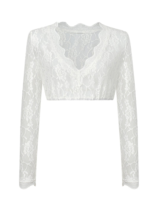 Dirndlbluse Damen Weiß Langarm V-Ausschnitt