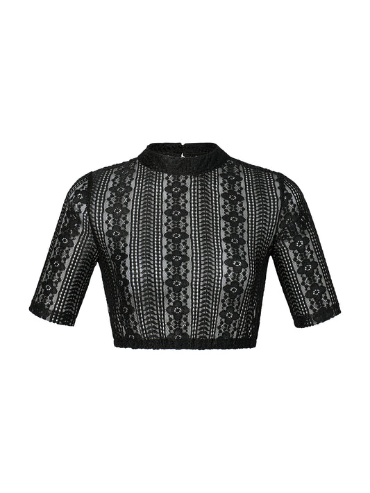 Dirndlbluse Damen Schwarz Kurzarm Hochgeschlossen