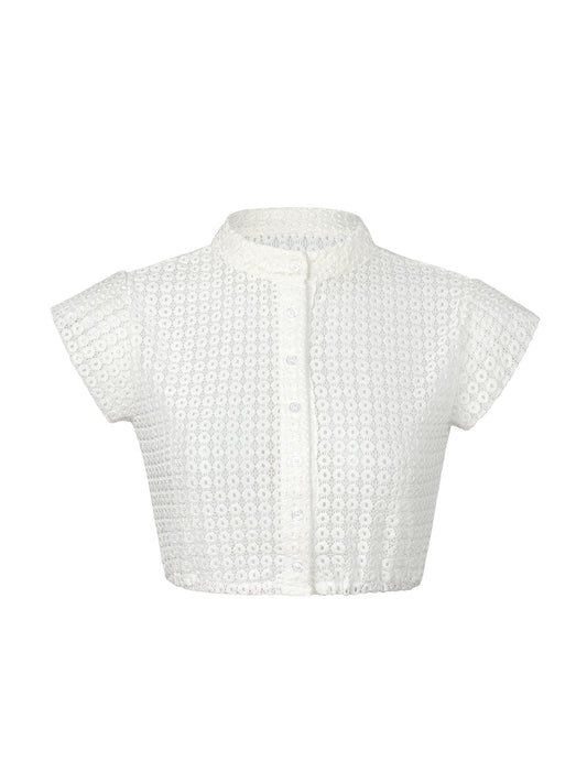 Dirndlbluse Damen Weiß Kurzarm Hochgeschlossen